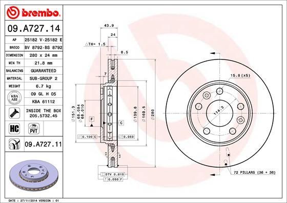 Stabdžių diskas BREMBO 09.A727.14