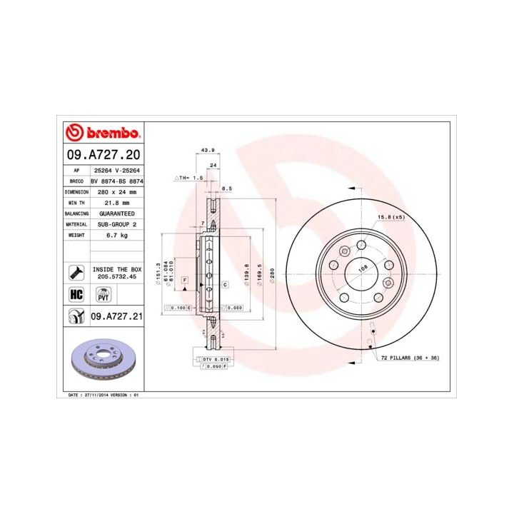 Stabdžių diskas BREMBO 09.A727.21