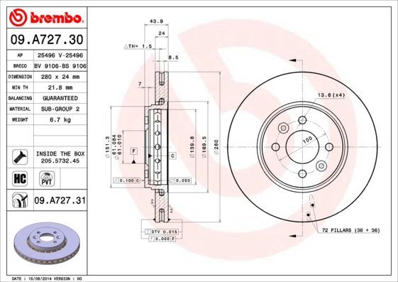 Stabdžių diskas BREMBO 09.A727.30