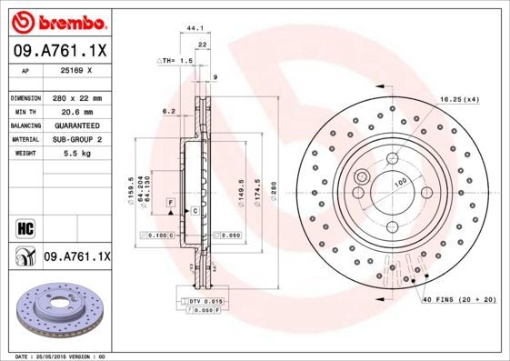 Stabdžių diskas BREMBO 09.A761.1X