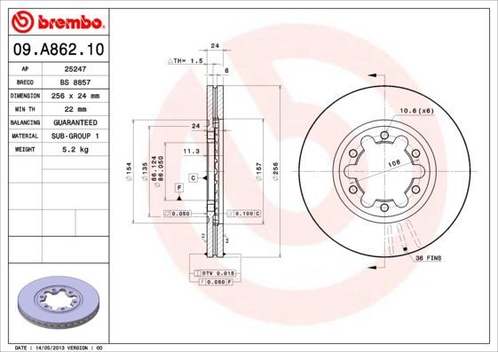 Stabdžių diskas BREMBO 09.A862.10