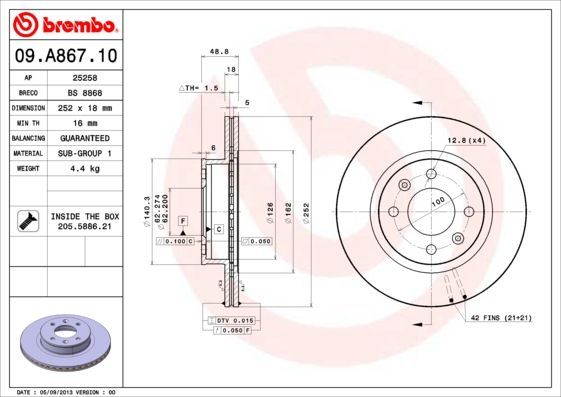 Stabdžių diskas BREMBO 09.A867.10