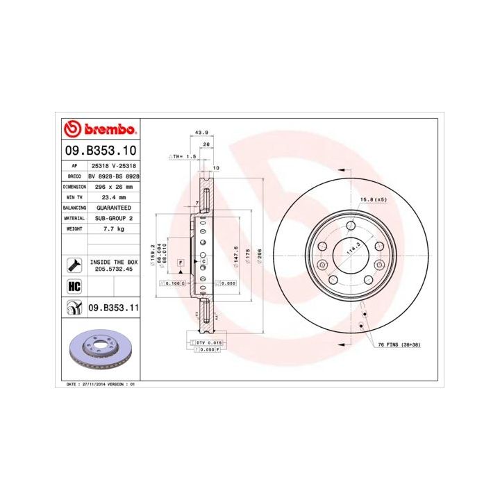 Stabdžių diskas BREMBO 09.B353.11