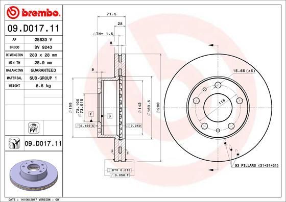 Stabdžių diskas BREMBO 09.D017.11