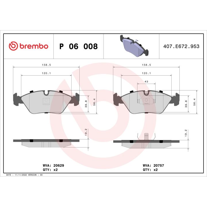 Stabdžių trinkelių rinkinys, diskinis stabdys BREMBO P 06 008