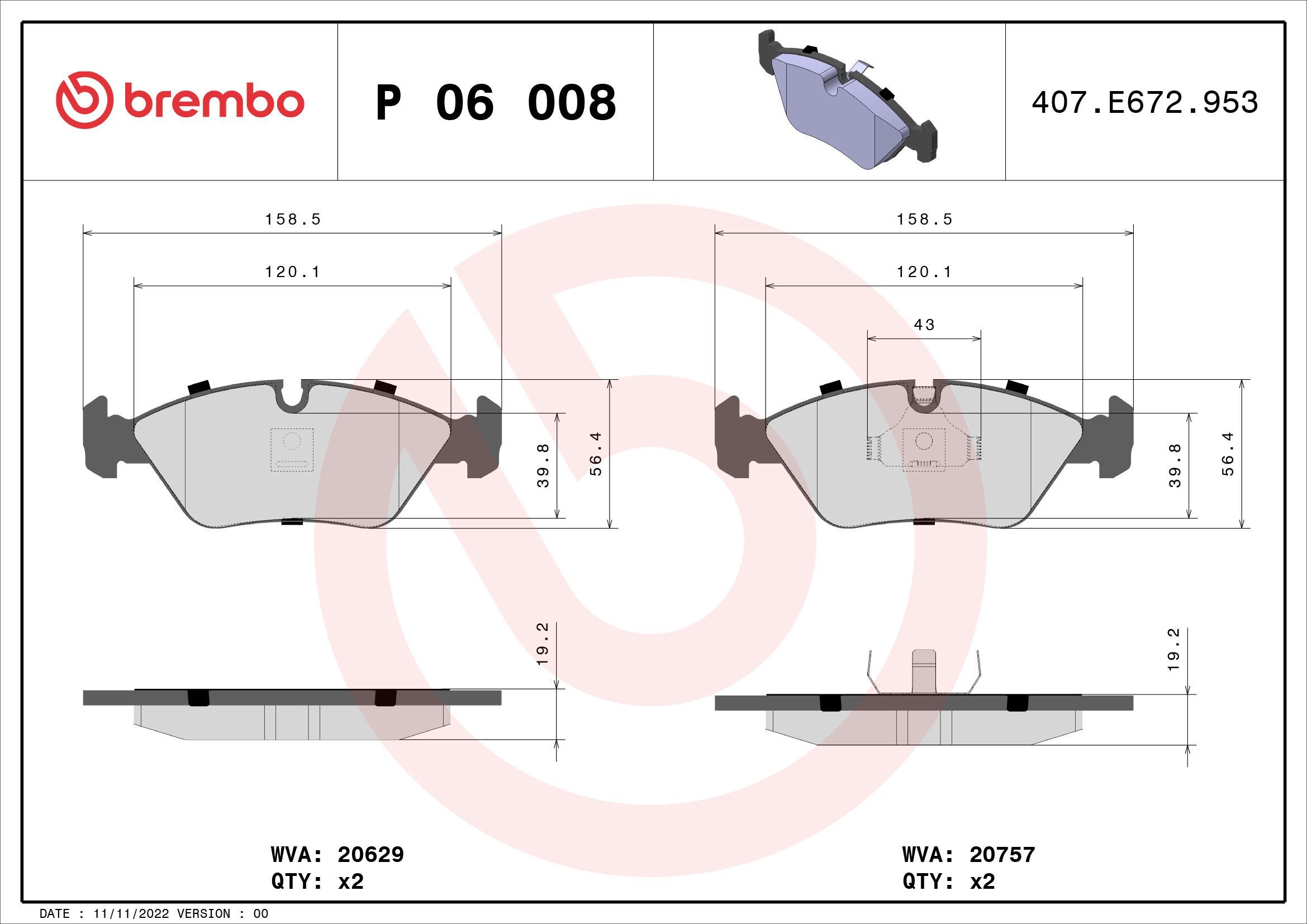 Stabdžių trinkelių rinkinys, diskinis stabdys BREMBO P 06 008