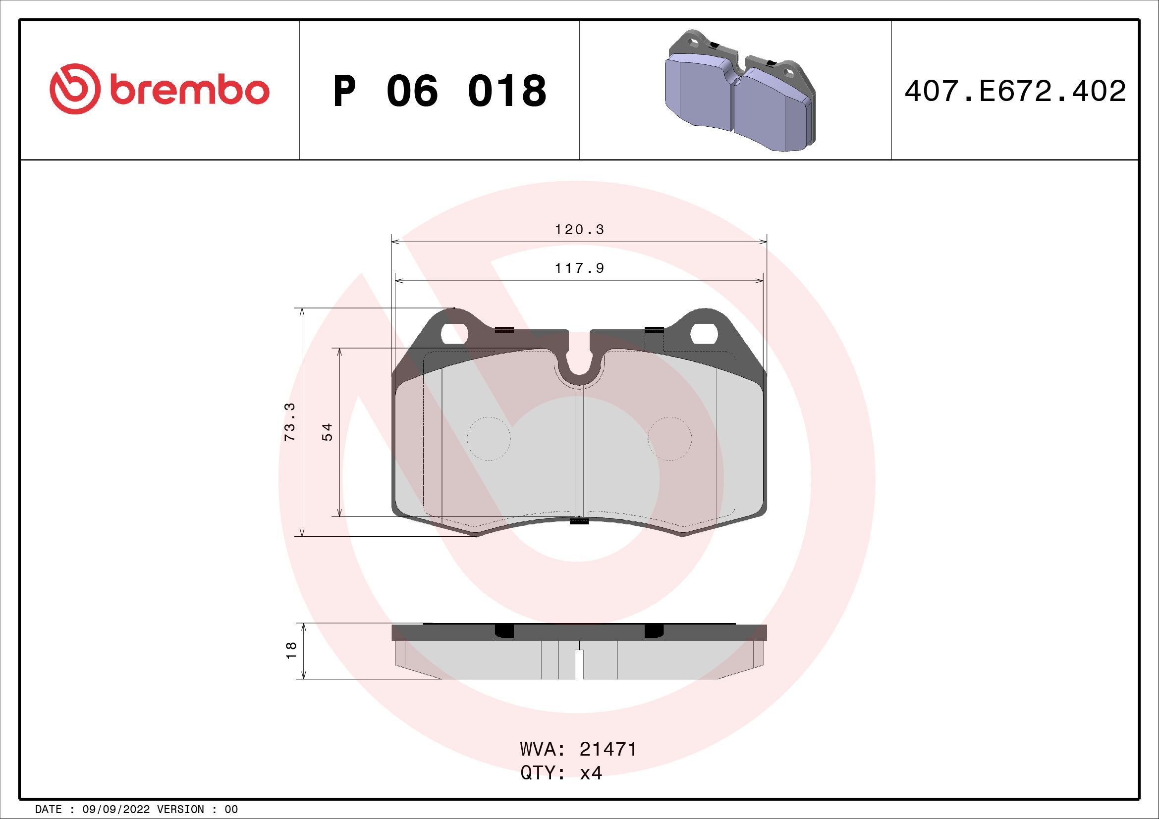 Stabdžių trinkelių rinkinys, diskinis stabdys BREMBO P 06 018