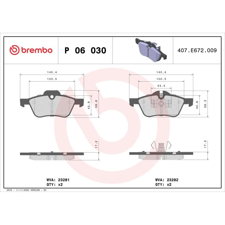 Stabdžių trinkelių rinkinys, diskinis stabdys BREMBO P 06 030