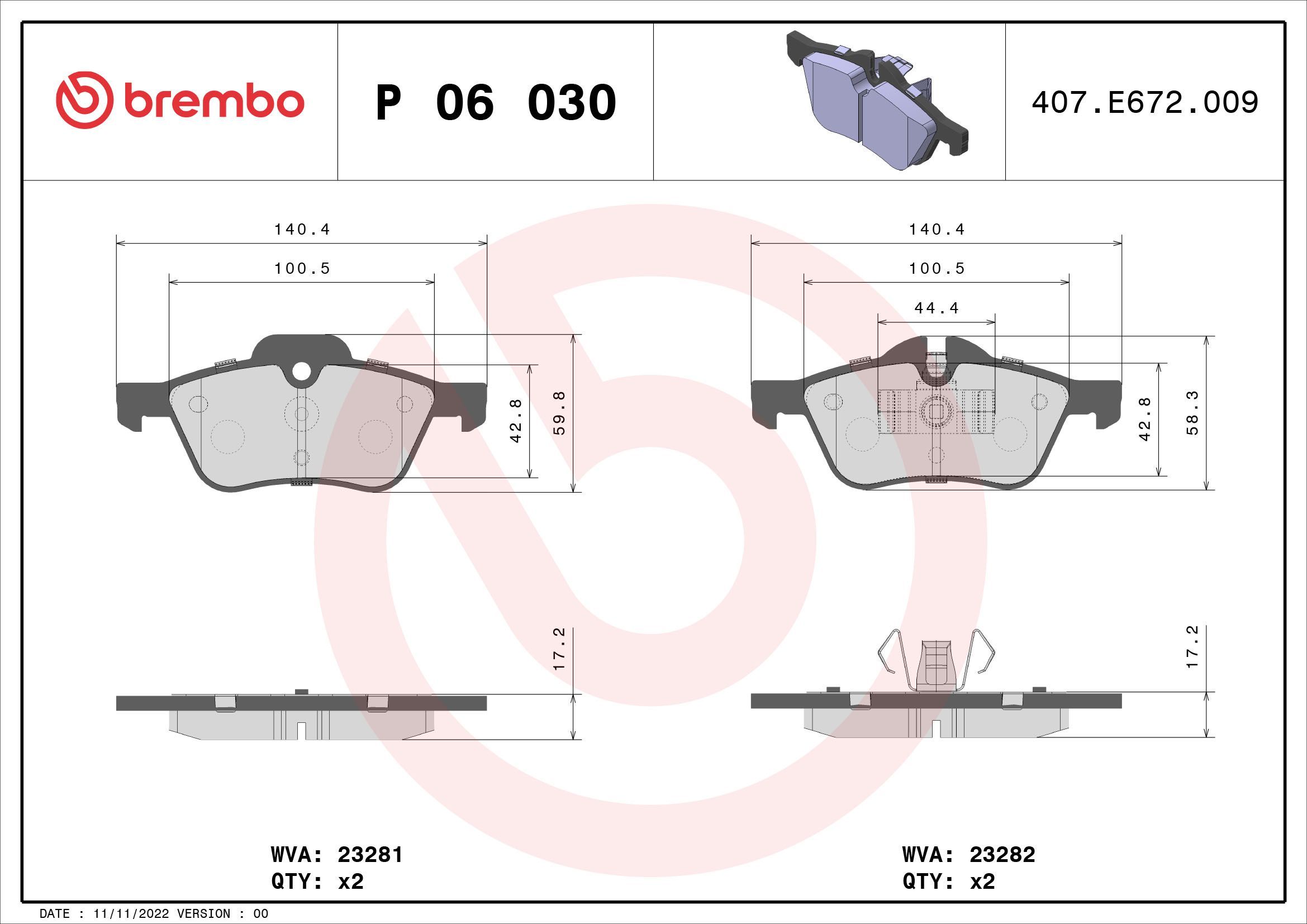 Stabdžių trinkelių rinkinys, diskinis stabdys BREMBO P 06 030
