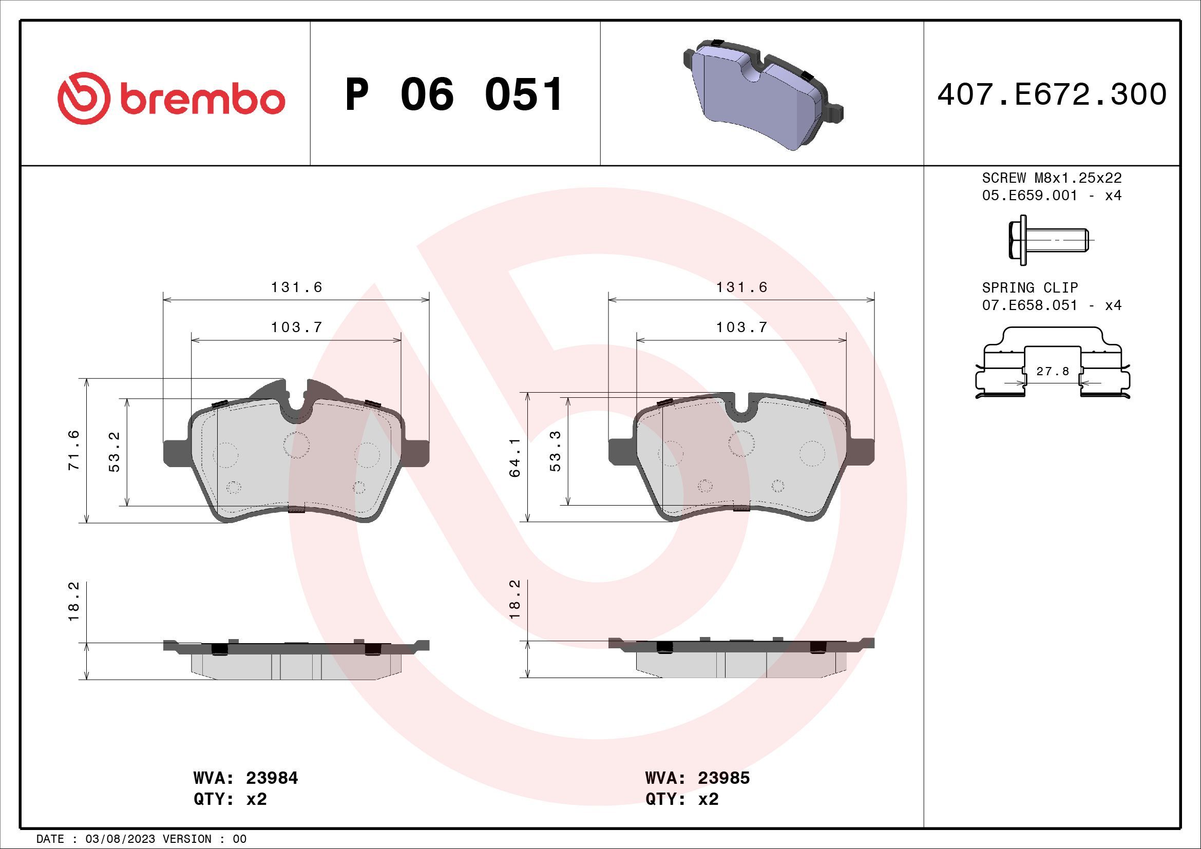 Stabdžių trinkelių rinkinys, diskinis stabdys BREMBO P 06 051