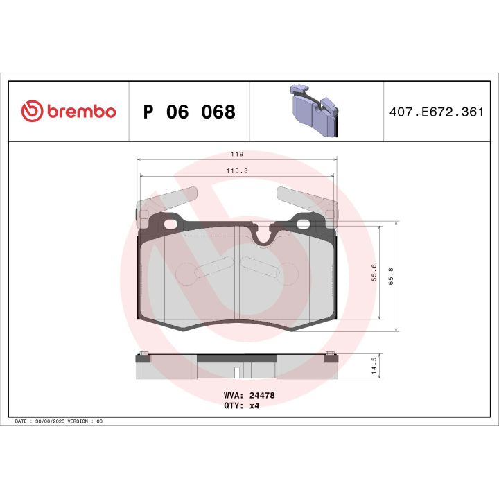 Stabdžių trinkelių rinkinys, diskinis stabdys BREMBO P 06 068
