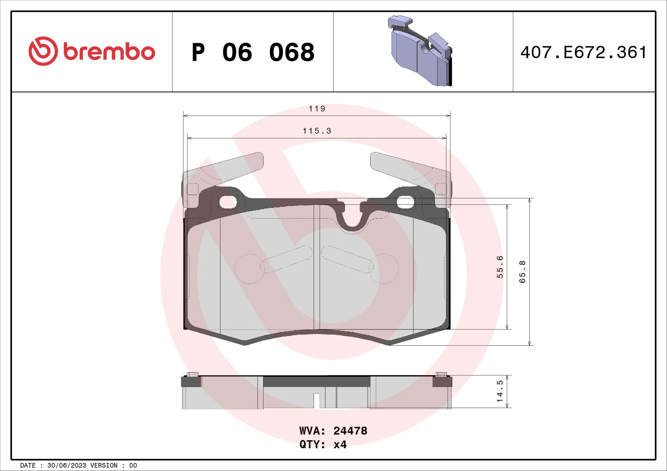 Stabdžių trinkelių rinkinys, diskinis stabdys BREMBO P 06 068
