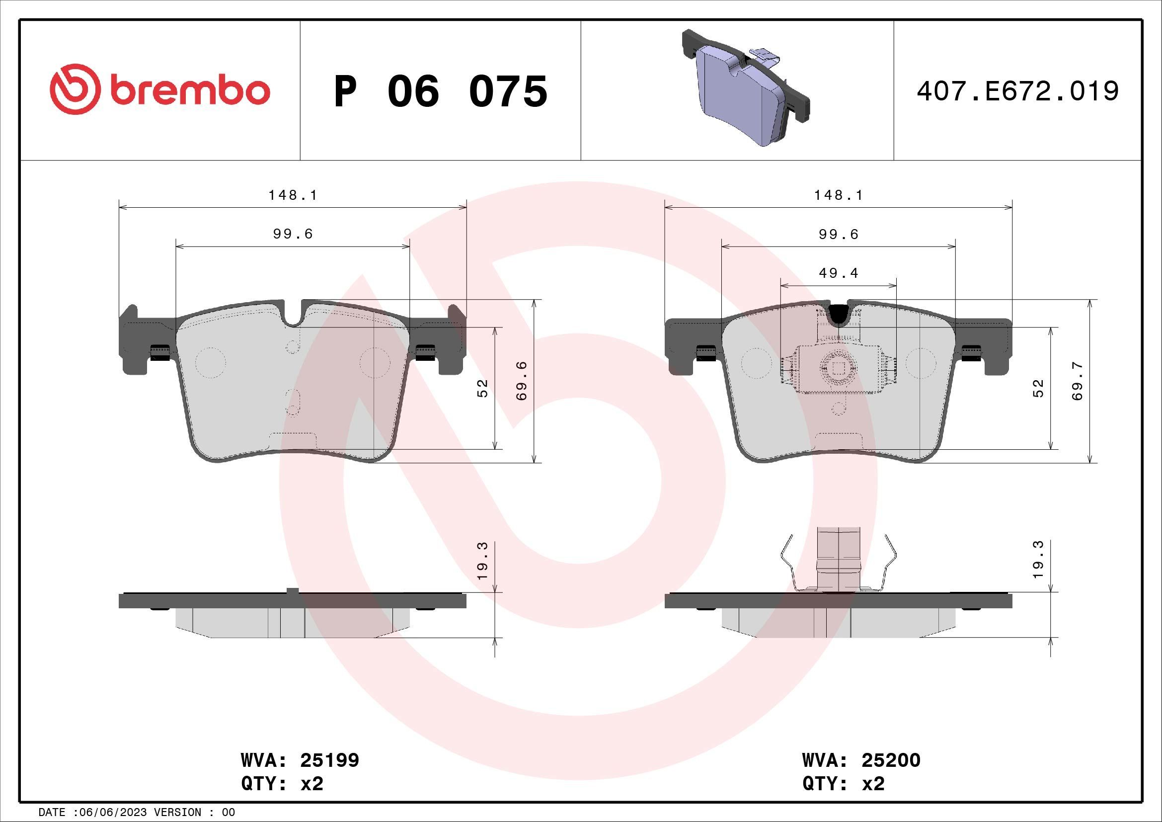 Stabdžių trinkelių rinkinys, diskinis stabdys BREMBO P 06 075