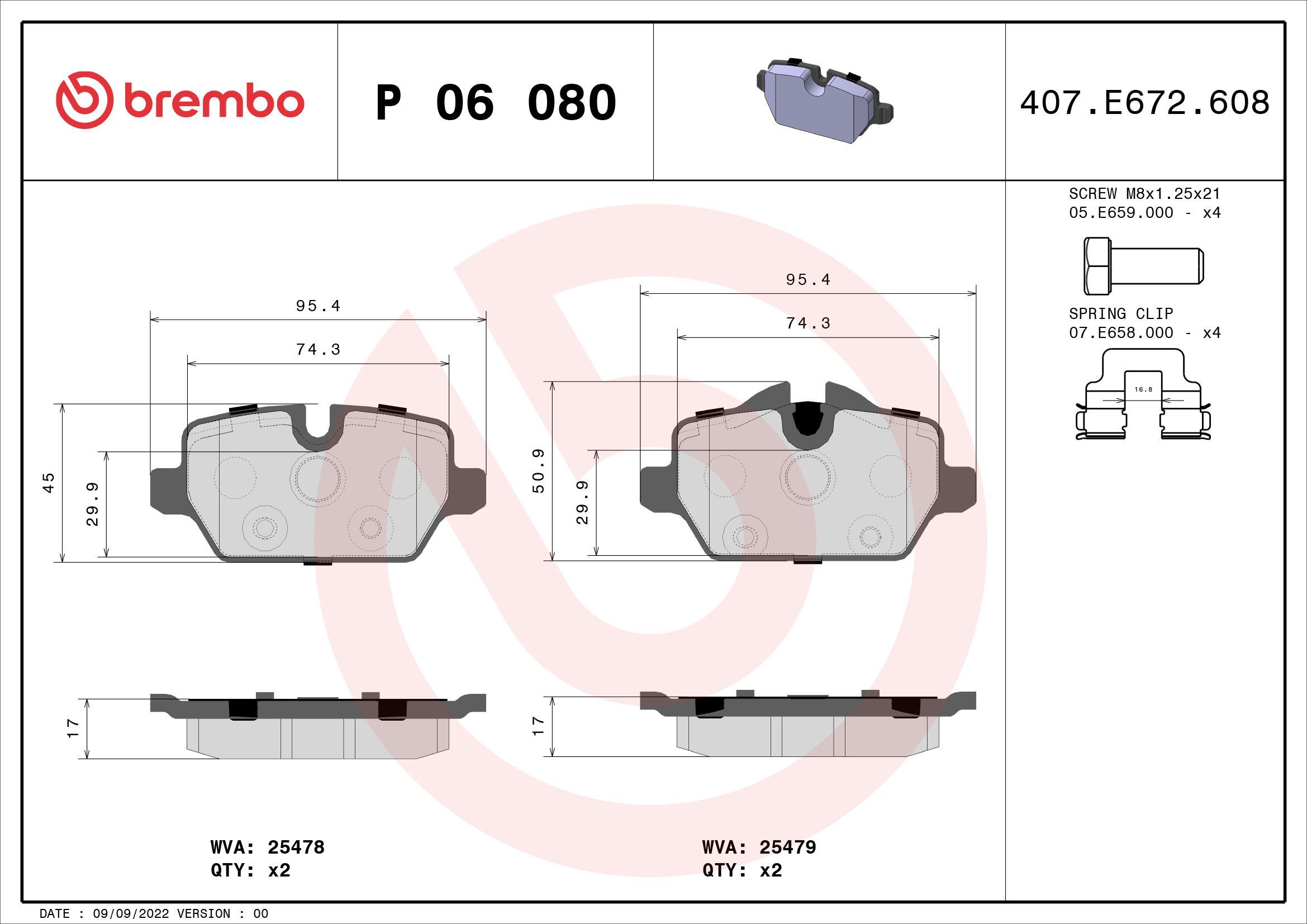 Stabdžių trinkelių rinkinys, diskinis stabdys BREMBO P 06 080