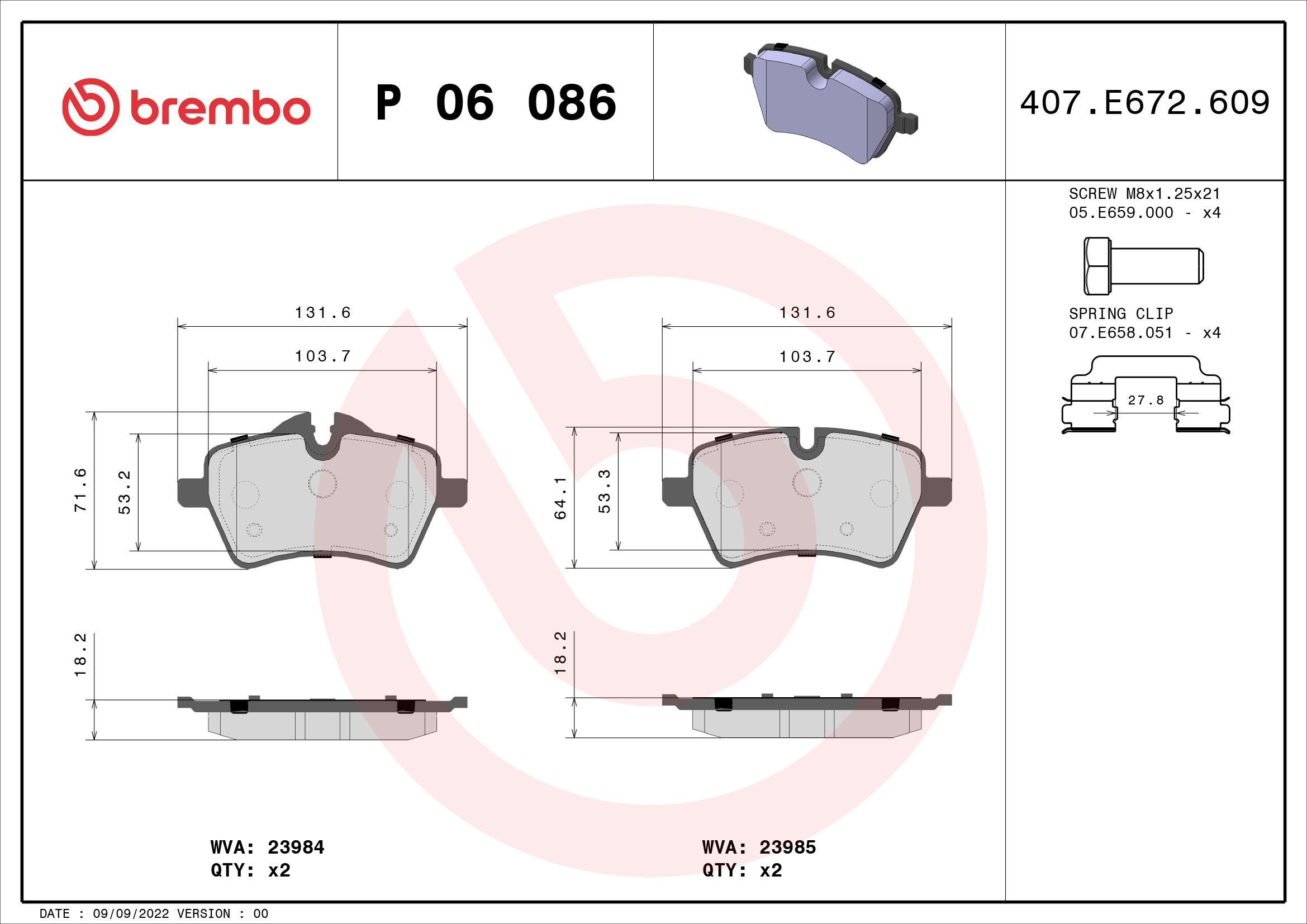 Stabdžių trinkelių rinkinys, diskinis stabdys BREMBO P 06 086