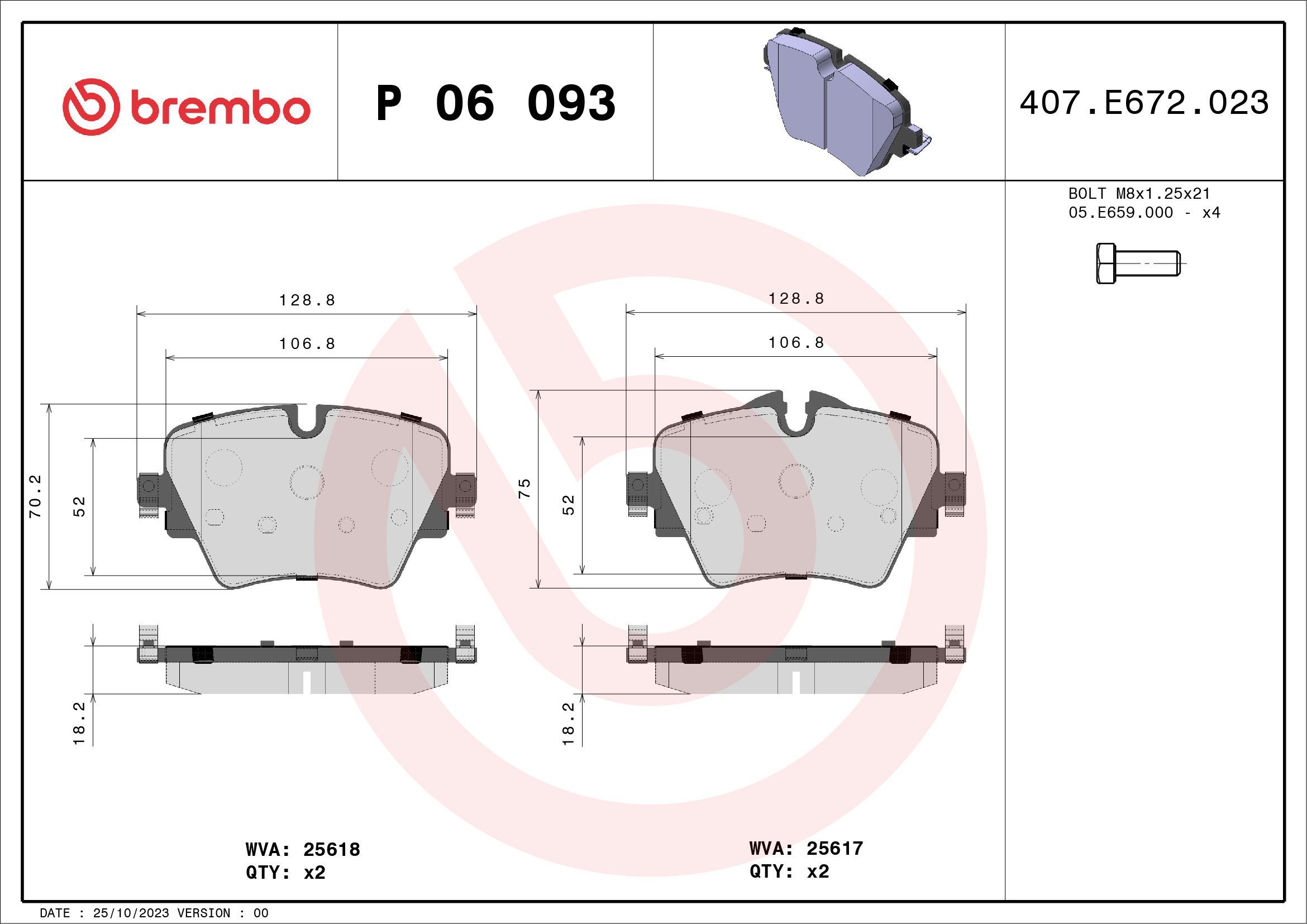 Stabdžių trinkelių rinkinys, diskinis stabdys BREMBO P 06 093