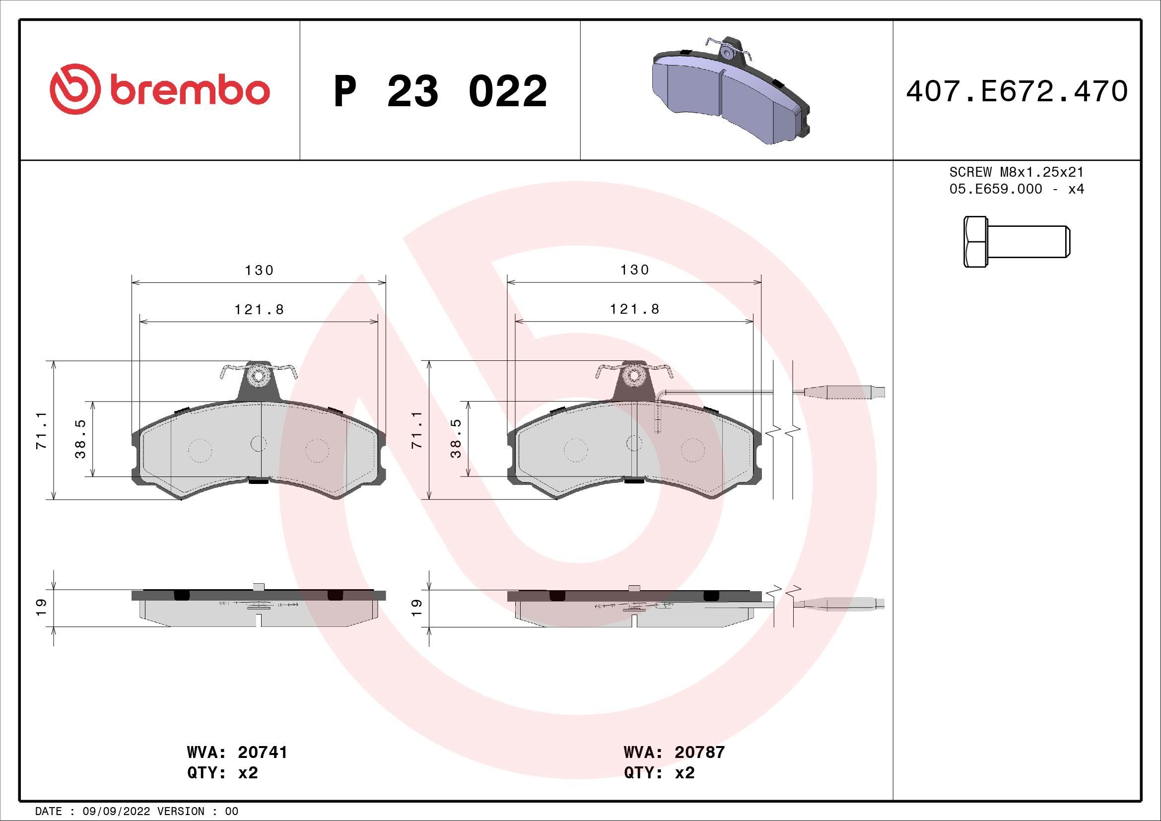 Stabdžių trinkelių rinkinys, diskinis stabdys BREMBO P 23 022