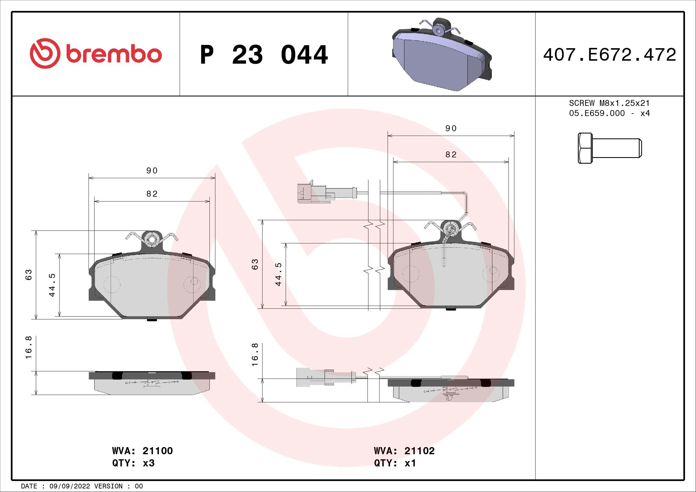 Stabdžių trinkelių rinkinys, diskinis stabdys BREMBO P 23 044