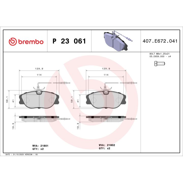 Stabdžių trinkelių rinkinys, diskinis stabdys BREMBO P 23 061