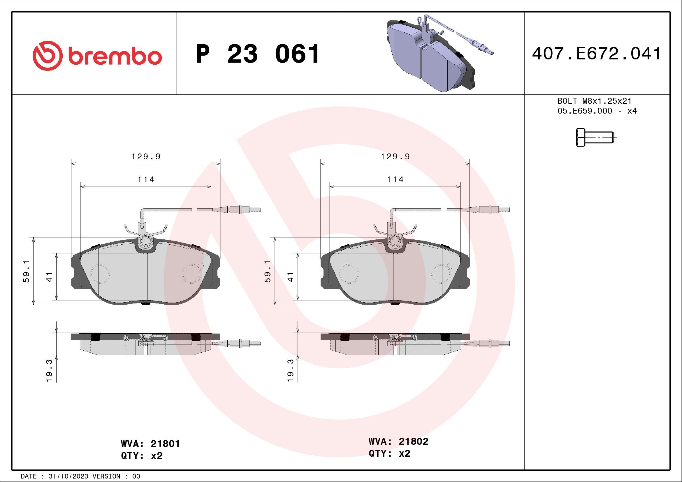 Stabdžių trinkelių rinkinys, diskinis stabdys BREMBO P 23 061