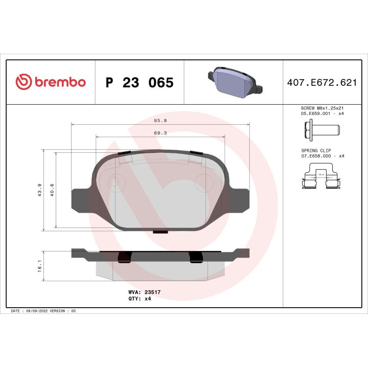 Stabdžių trinkelių rinkinys, diskinis stabdys BREMBO P 23 065