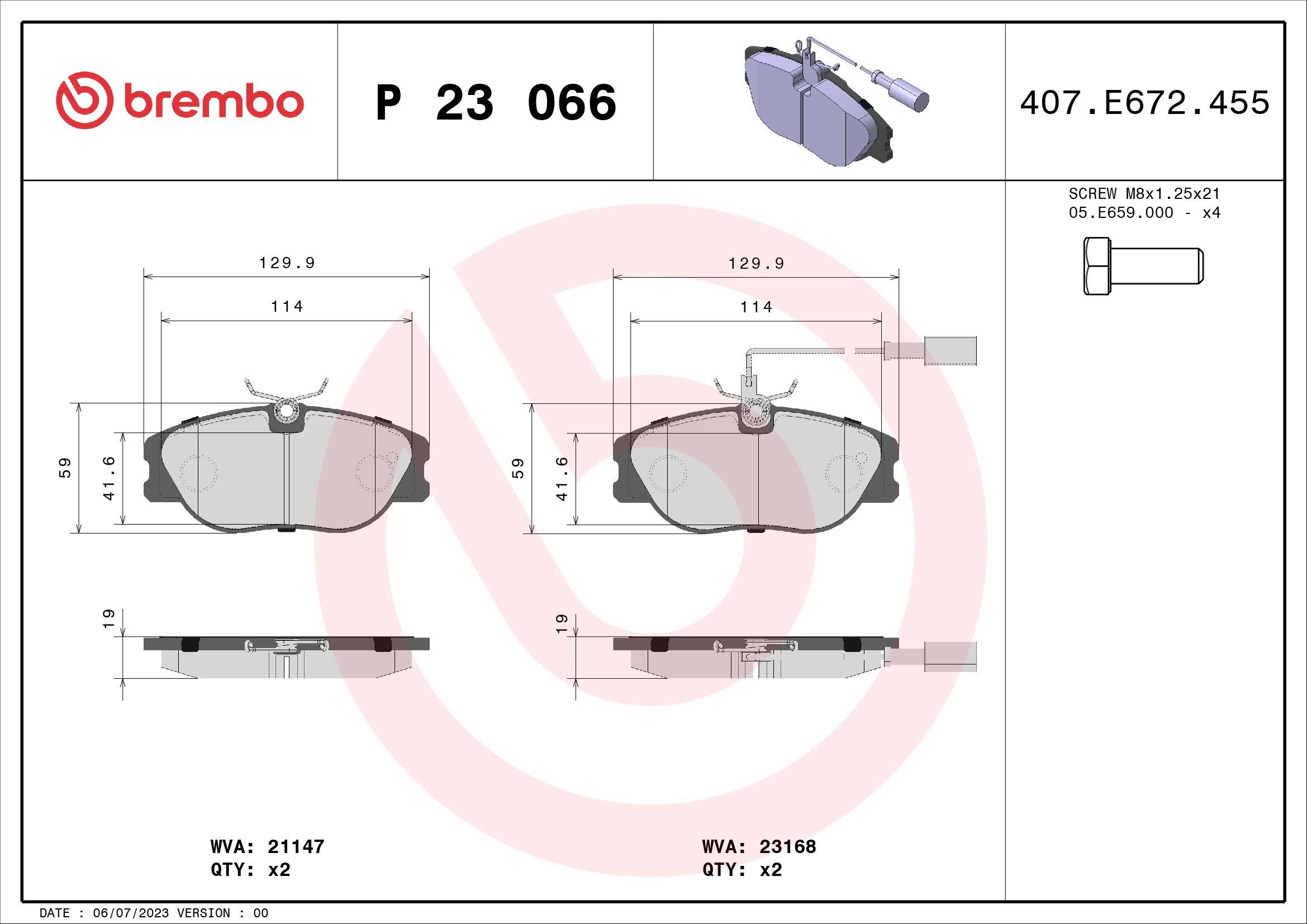Stabdžių trinkelių rinkinys, diskinis stabdys BREMBO P 23 066