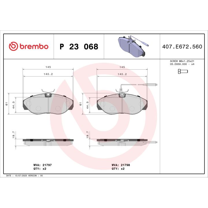 Stabdžių trinkelių rinkinys, diskinis stabdys BREMBO P 23 068