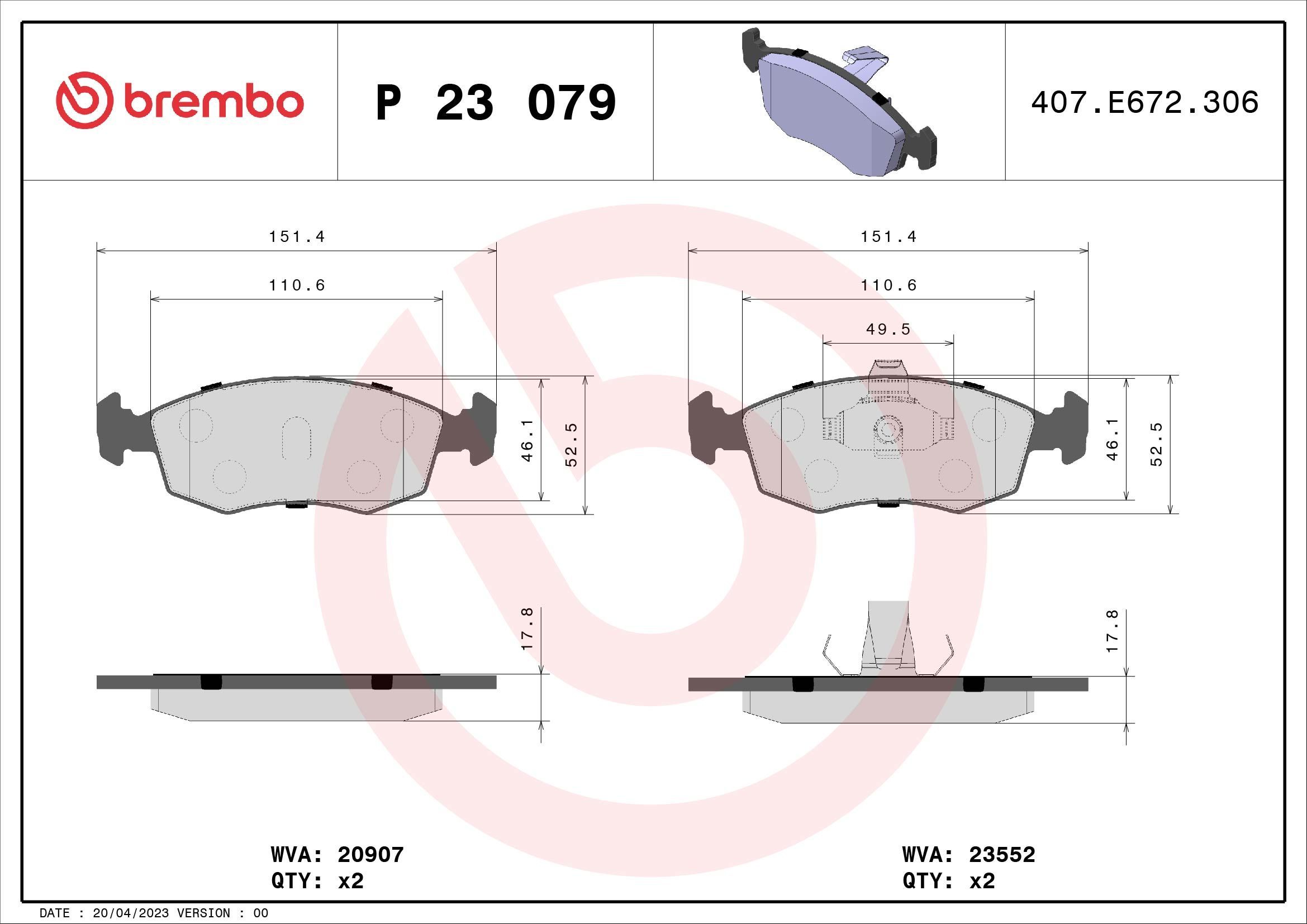 Stabdžių trinkelių rinkinys, diskinis stabdys BREMBO P 23 079