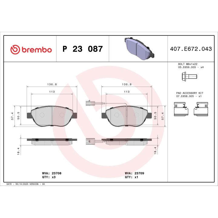 Stabdžių trinkelių rinkinys, diskinis stabdys BREMBO P 23 087