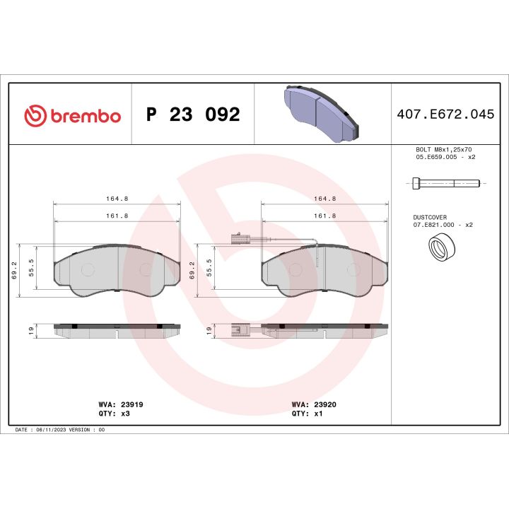 Stabdžių trinkelių rinkinys, diskinis stabdys BREMBO P 23 092