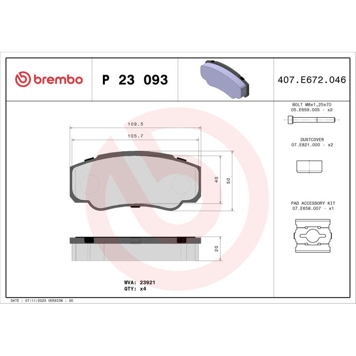 Stabdžių trinkelių rinkinys, diskinis stabdys BREMBO P 23 093