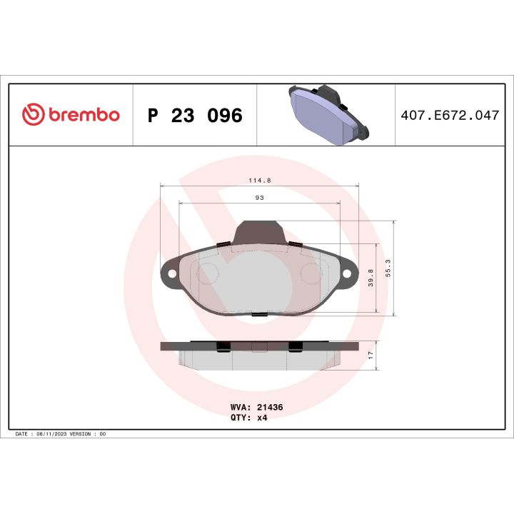 Stabdžių trinkelių rinkinys, diskinis stabdys BREMBO P 23 096