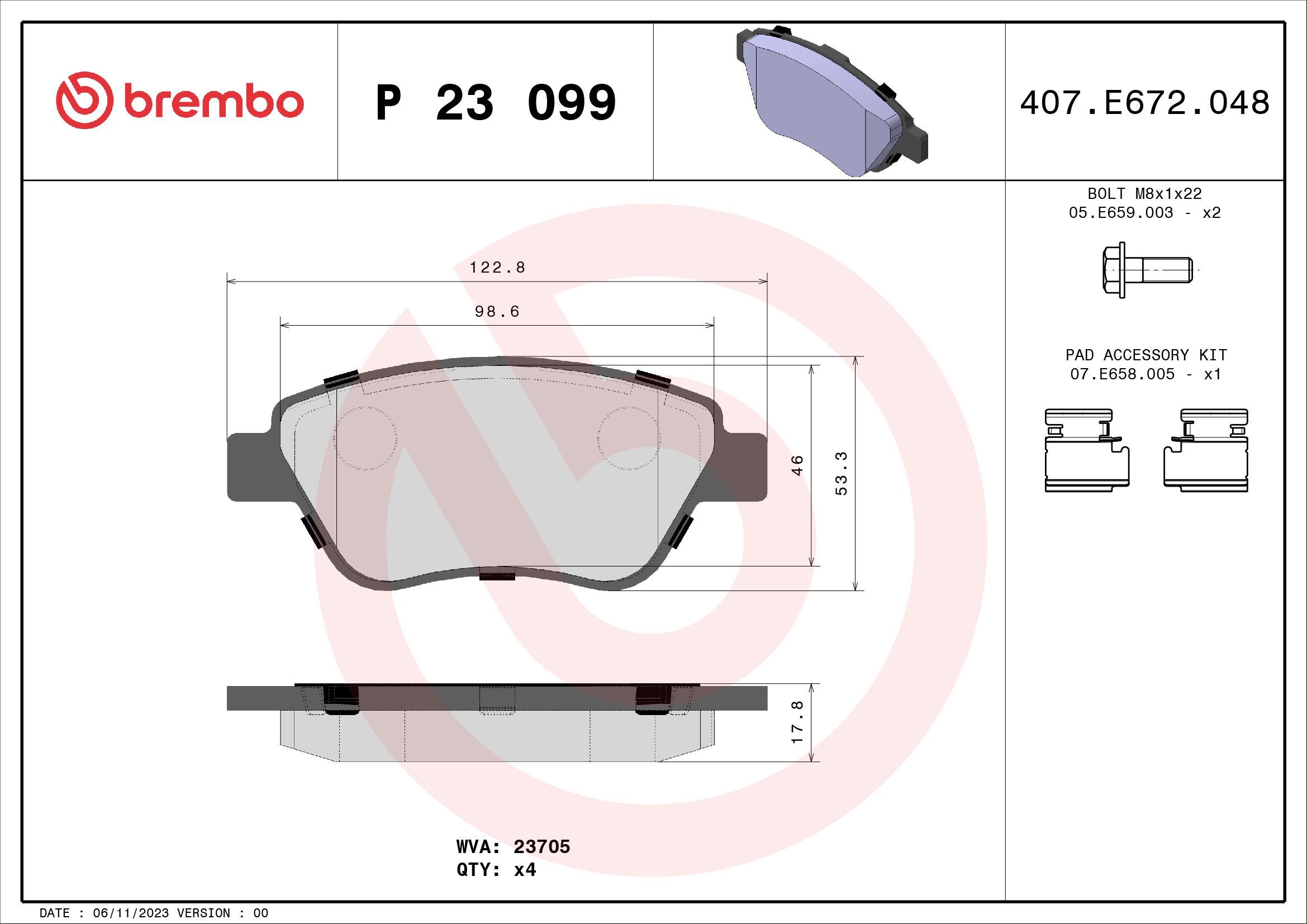 Stabdžių trinkelių rinkinys, diskinis stabdys BREMBO P 23 099