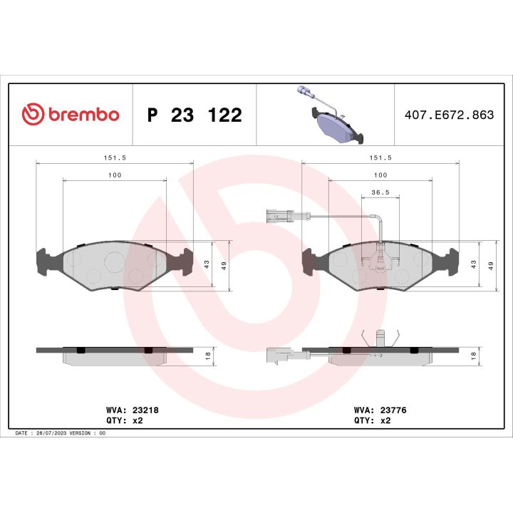 Stabdžių trinkelių rinkinys, diskinis stabdys BREMBO P 23 122