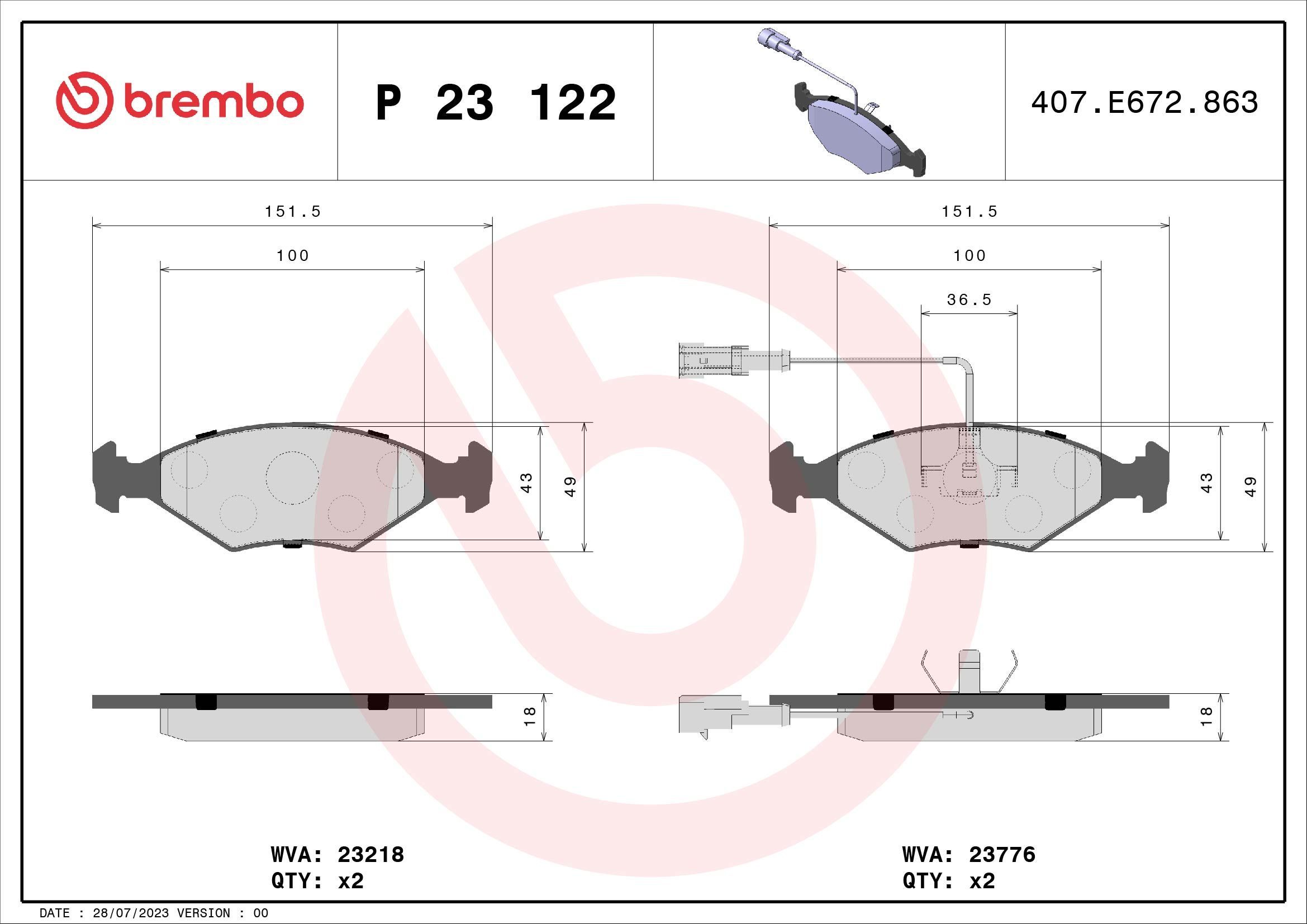 Stabdžių trinkelių rinkinys, diskinis stabdys BREMBO P 23 122