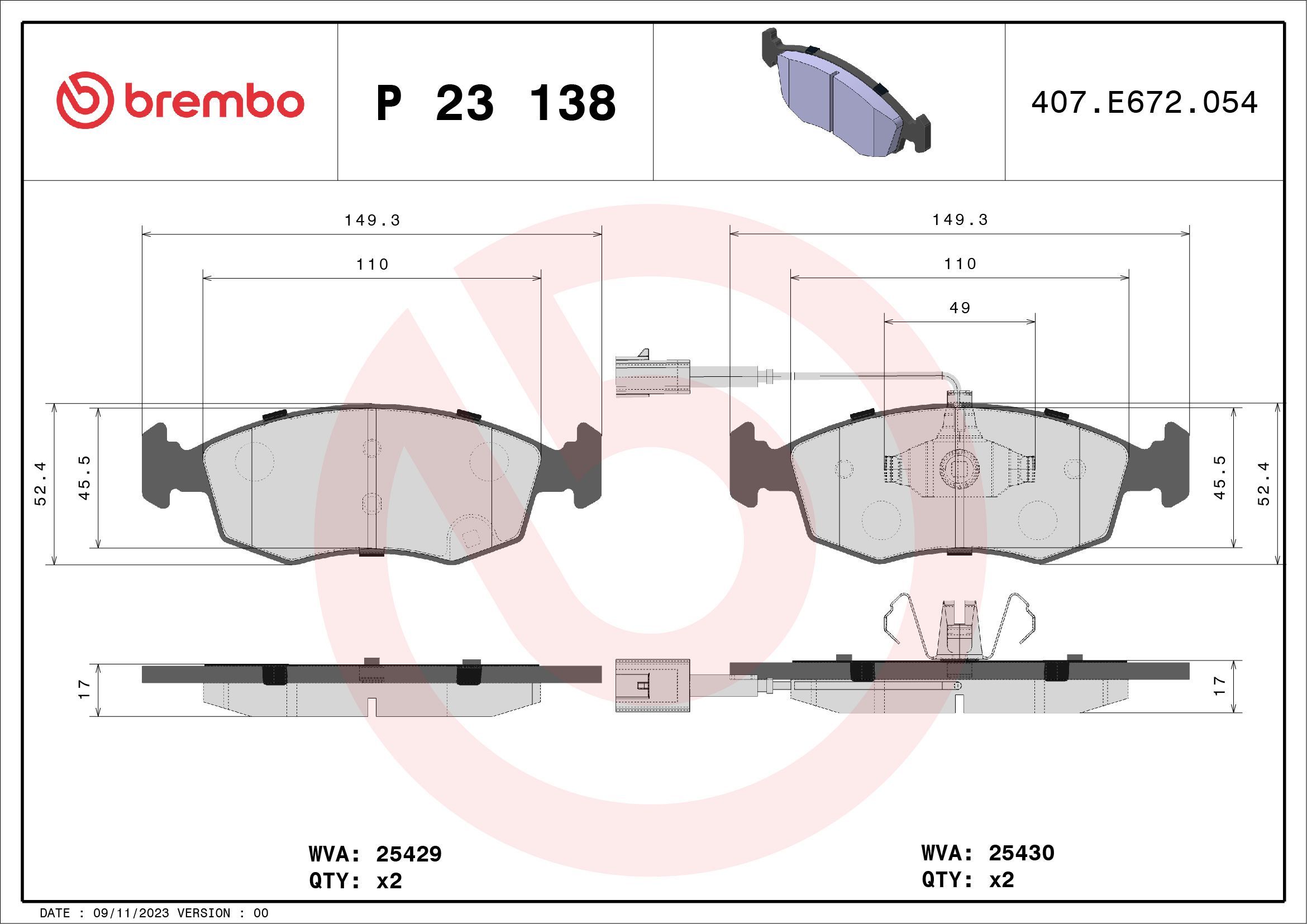 Stabdžių trinkelių rinkinys, diskinis stabdys BREMBO P 23 138