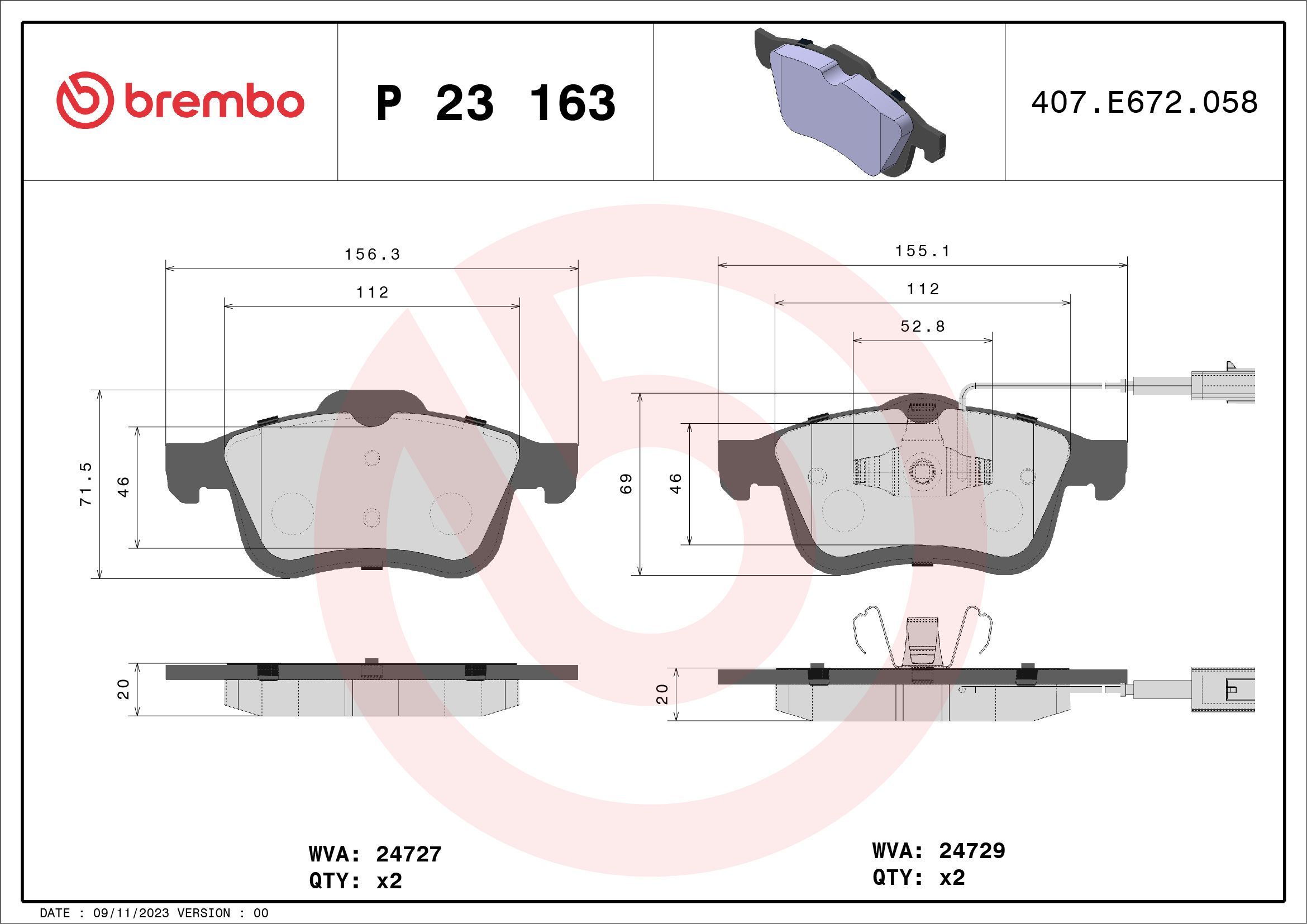 Stabdžių trinkelių rinkinys, diskinis stabdys BREMBO P 23 163