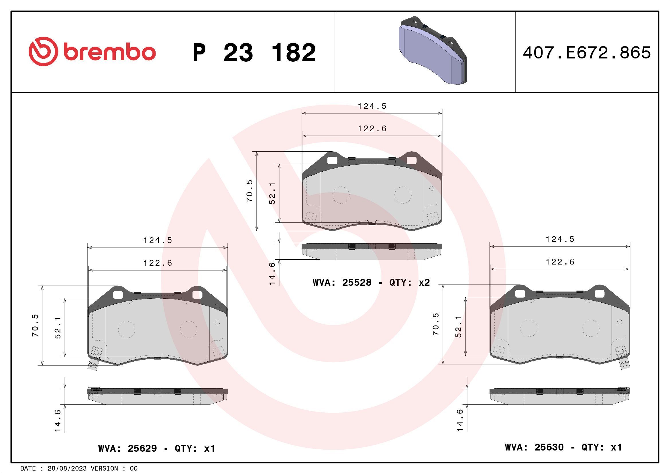 Stabdžių trinkelių rinkinys, diskinis stabdys BREMBO P 23 182