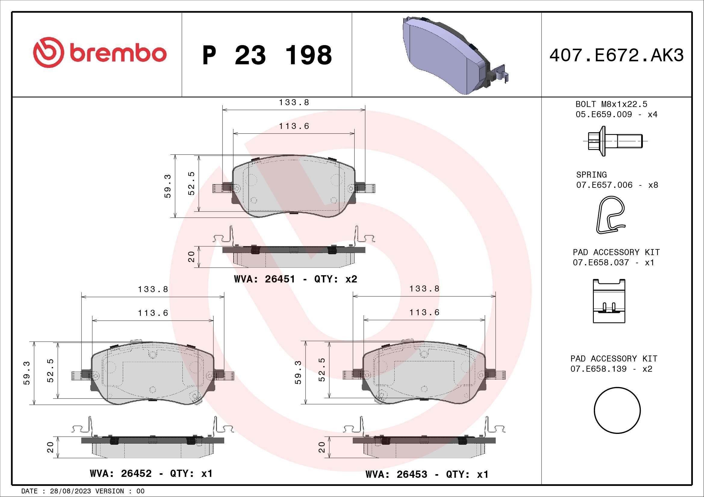 Stabdžių trinkelių rinkinys, diskinis stabdys BREMBO P 23 198