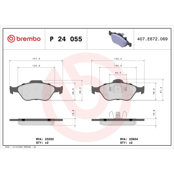 Stabdžių trinkelių rinkinys, diskinis stabdys BREMBO P 24 055