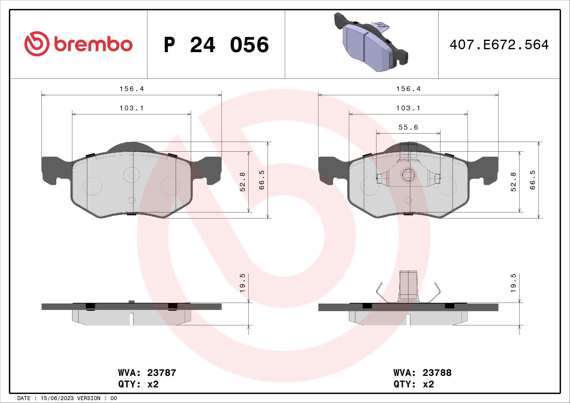 Stabdžių trinkelių rinkinys, diskinis stabdys BREMBO P 24 056