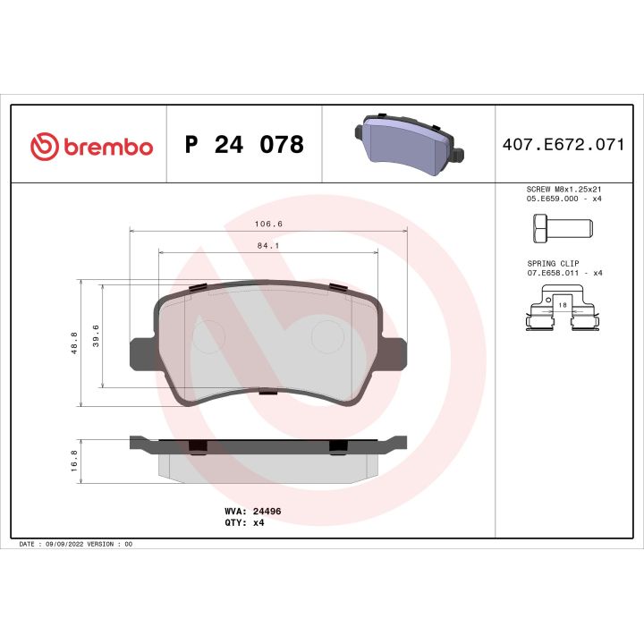 Stabdžių trinkelių rinkinys, diskinis stabdys BREMBO P 24 078