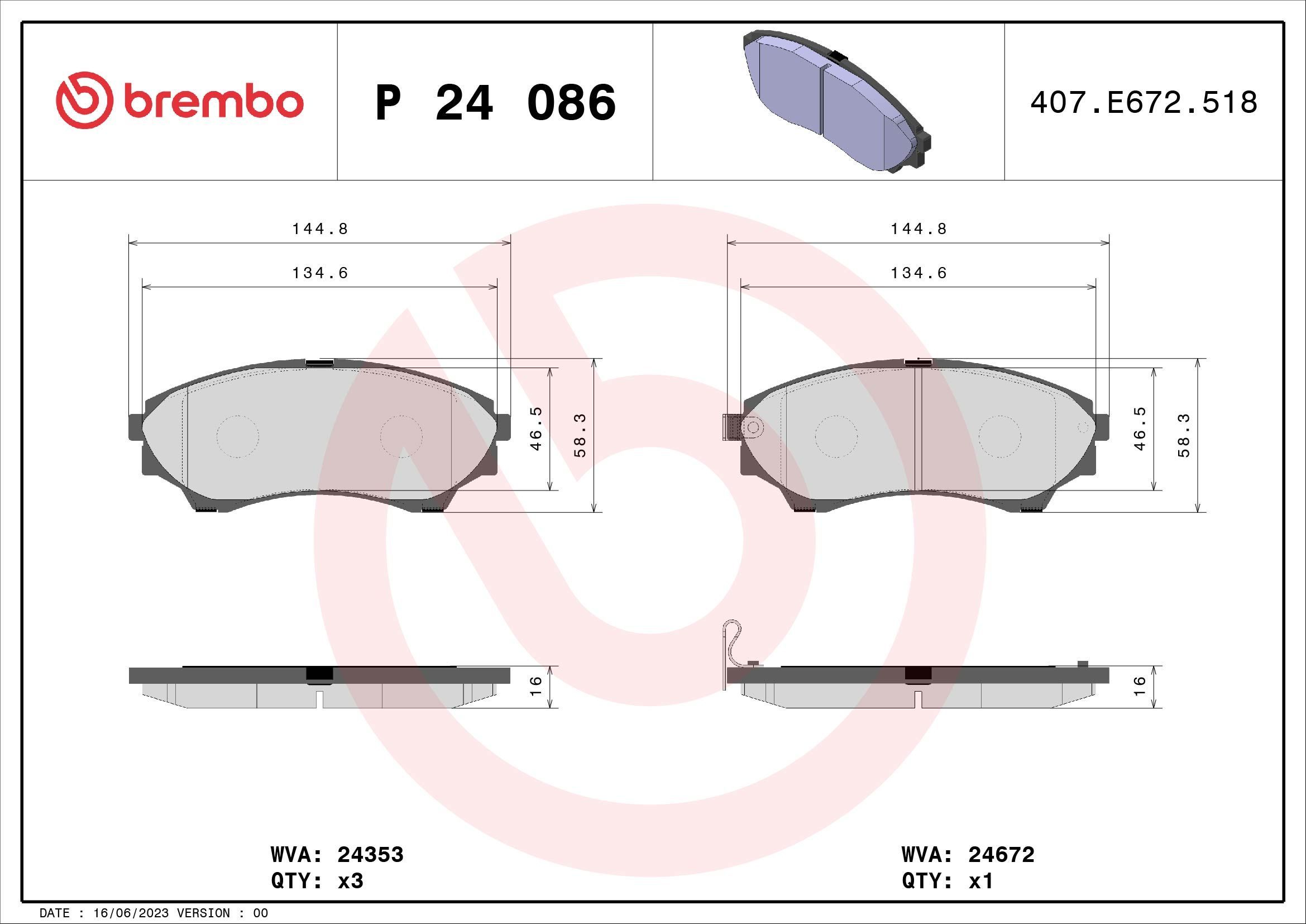 Stabdžių trinkelių rinkinys, diskinis stabdys BREMBO P 24 086