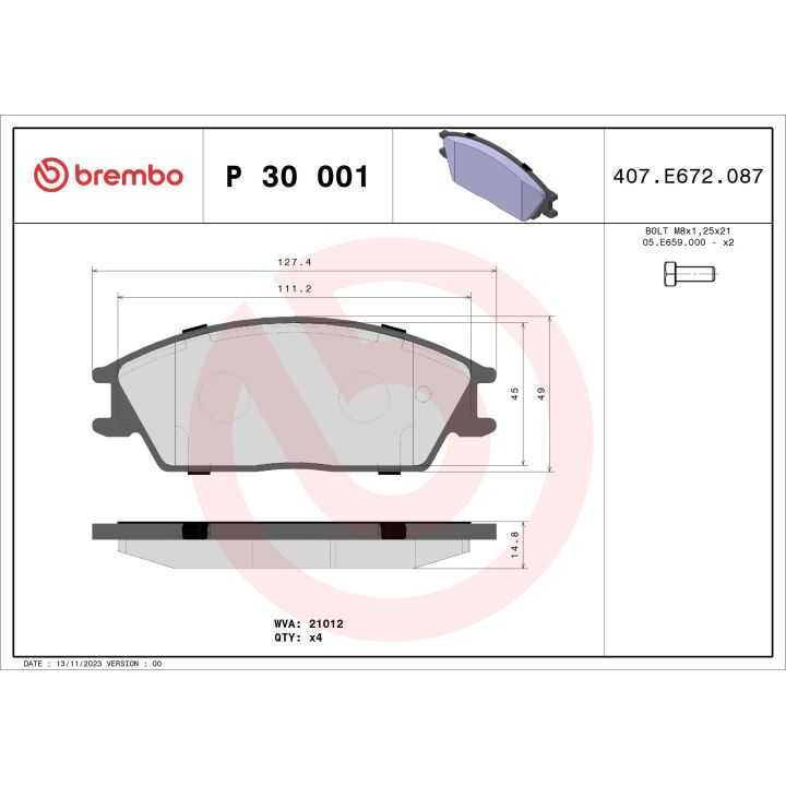 Stabdžių trinkelių rinkinys, diskinis stabdys BREMBO P 30 001