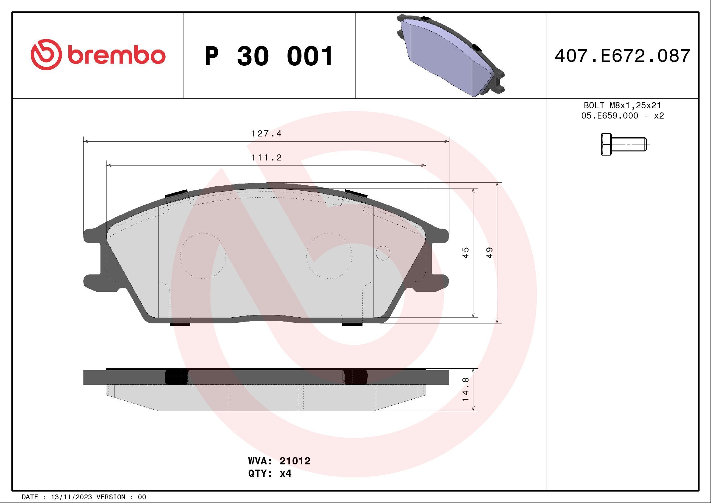Stabdžių trinkelių rinkinys, diskinis stabdys BREMBO P 30 001