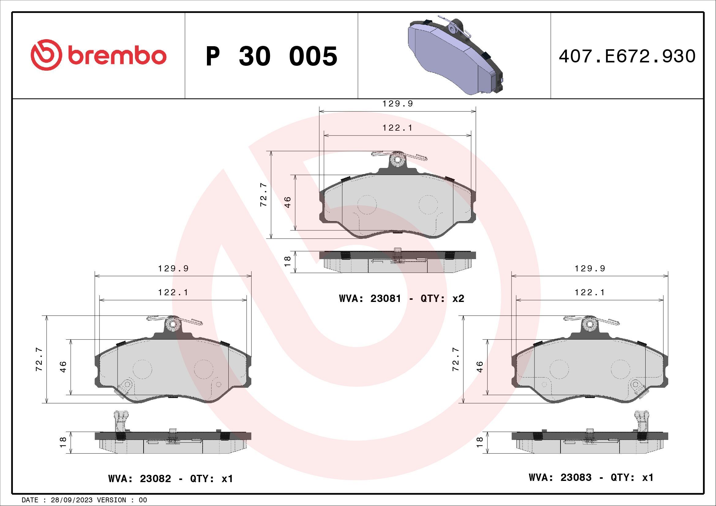 Stabdžių trinkelių rinkinys, diskinis stabdys BREMBO P 30 005
