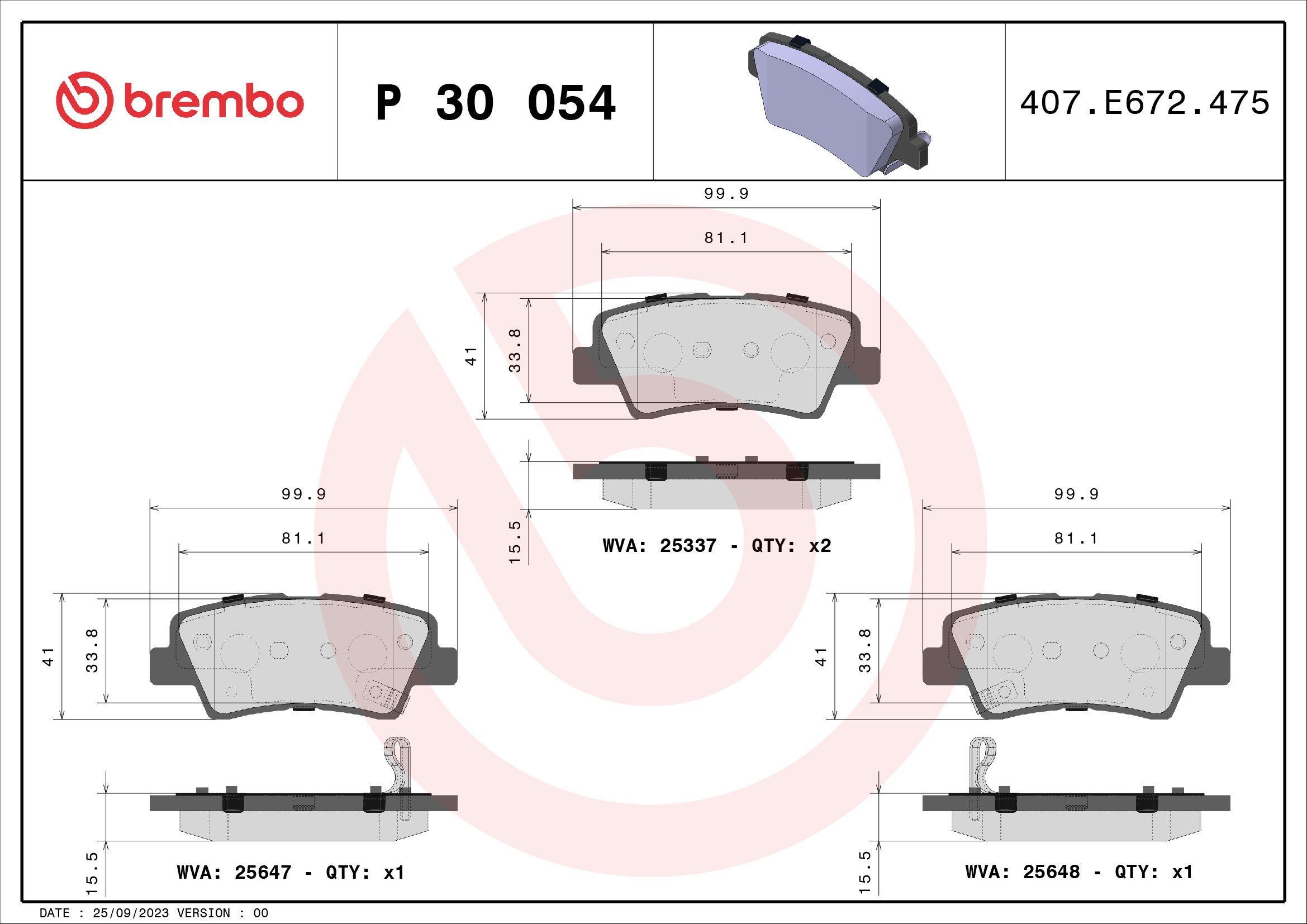 Stabdžių trinkelių rinkinys, diskinis stabdys BREMBO P 30 054