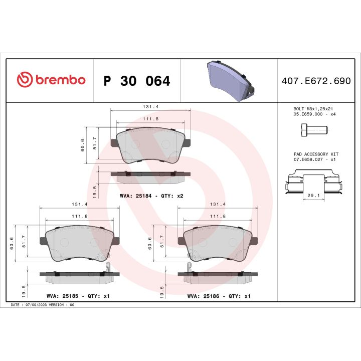 Stabdžių trinkelių rinkinys, diskinis stabdys BREMBO P 30 064