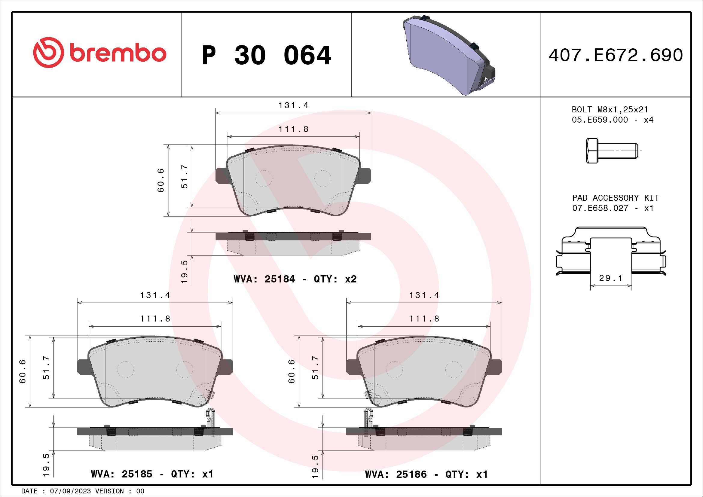 Stabdžių trinkelių rinkinys, diskinis stabdys BREMBO P 30 064