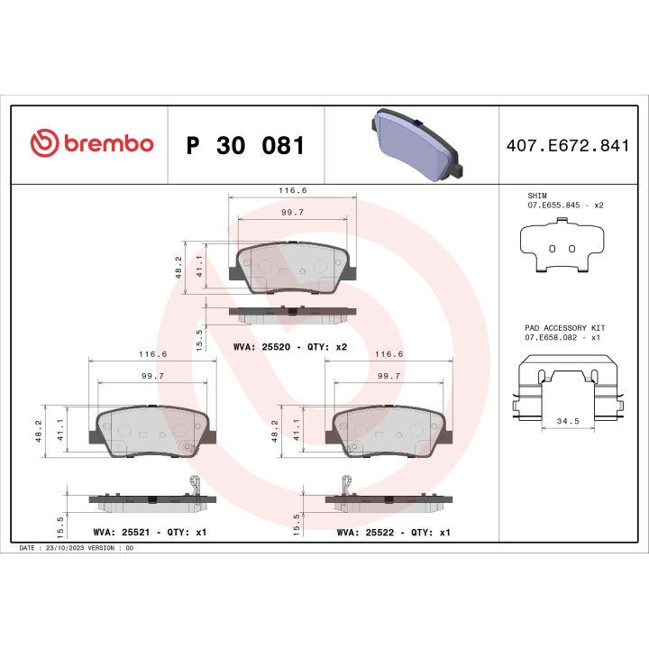 Stabdžių trinkelių rinkinys, diskinis stabdys BREMBO P 30 081